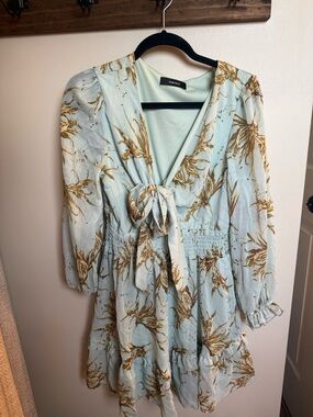 DANNIJO Pale Blue Mini Dress with Gold Floral Print